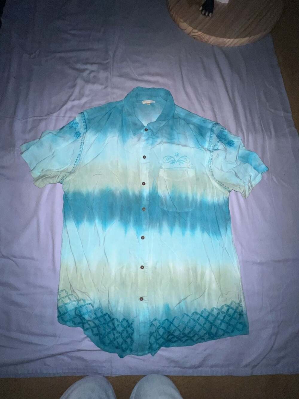 Earthbound Trading Co. Blue Tie-Dye Short Sleeve  Shirt with Embroidery